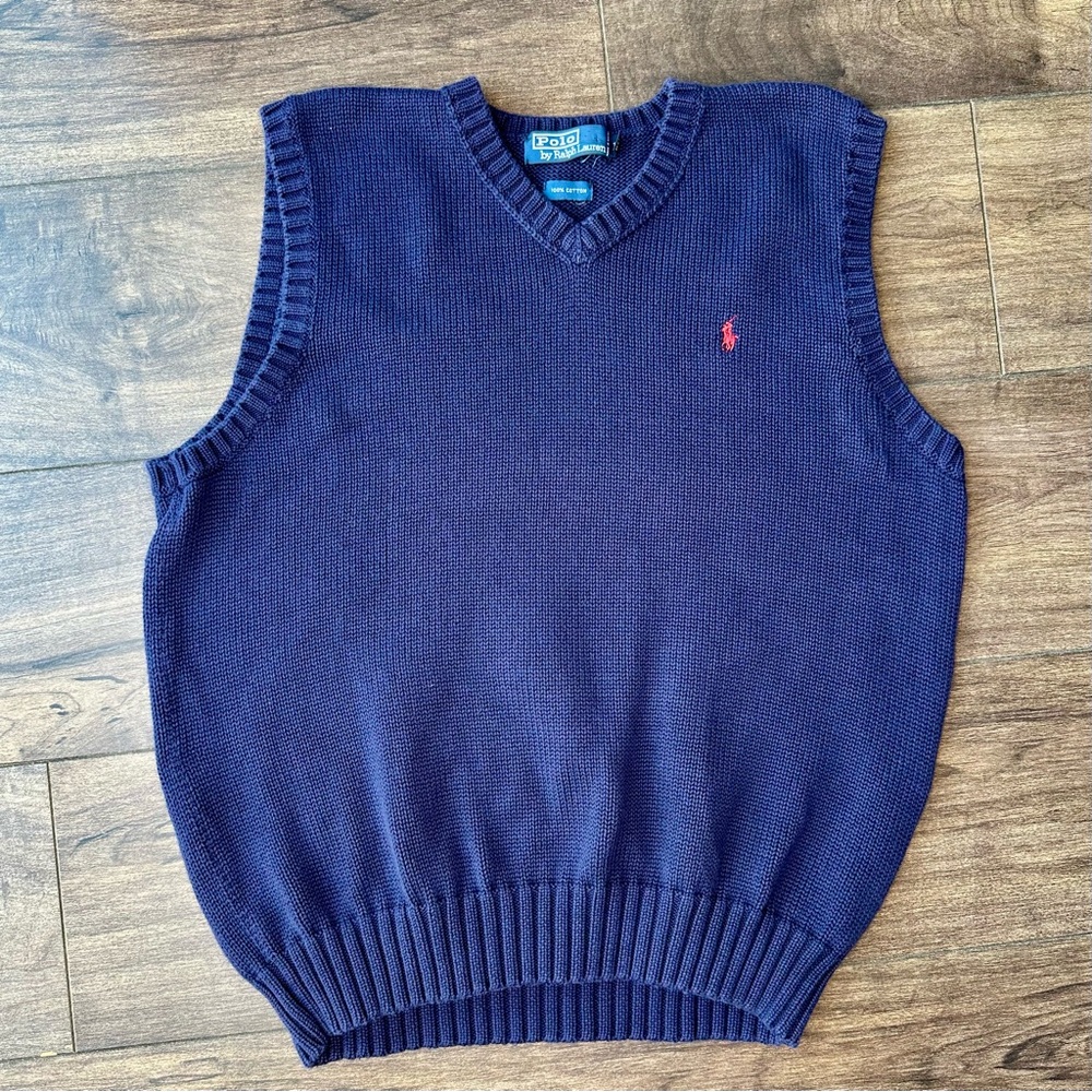 Polo Ralph Lauren Vintage Men's Large Navy Blue Knit V-Neck Sweater Vest
